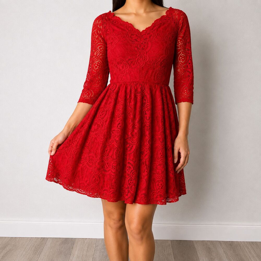 Jodi Kristopher Size 5 Red Lace Fit Flare Party Cocktail Dress 3/4 Sleeve